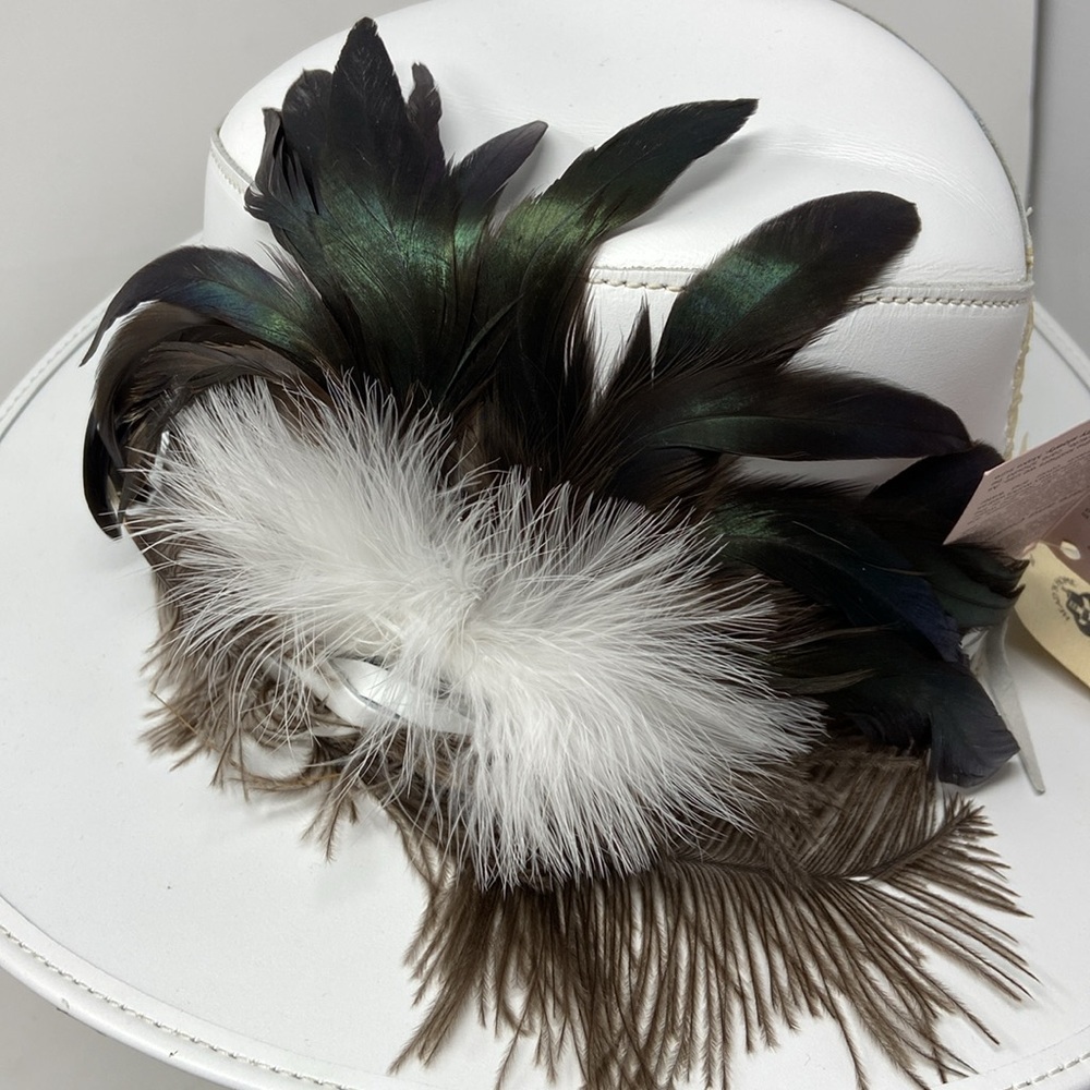 NWT Head’N Home White Medium Leather & Ostrich Feather Hat - Picture 14 of 14